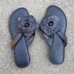 Born Black Leather Slip-on Sandals with Flower